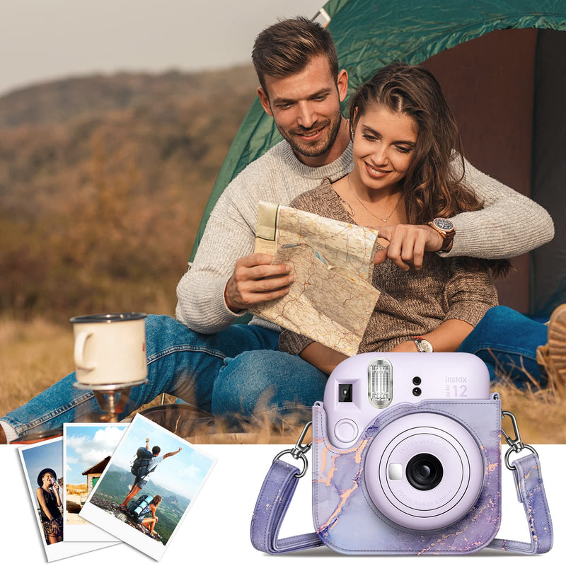 Fintie Protective Case for Fujifilm Instax Mini 12 Instant Camera - Premium Vegan Leather Bag Cover with Removable Adjustable Strap, Lilac Marble