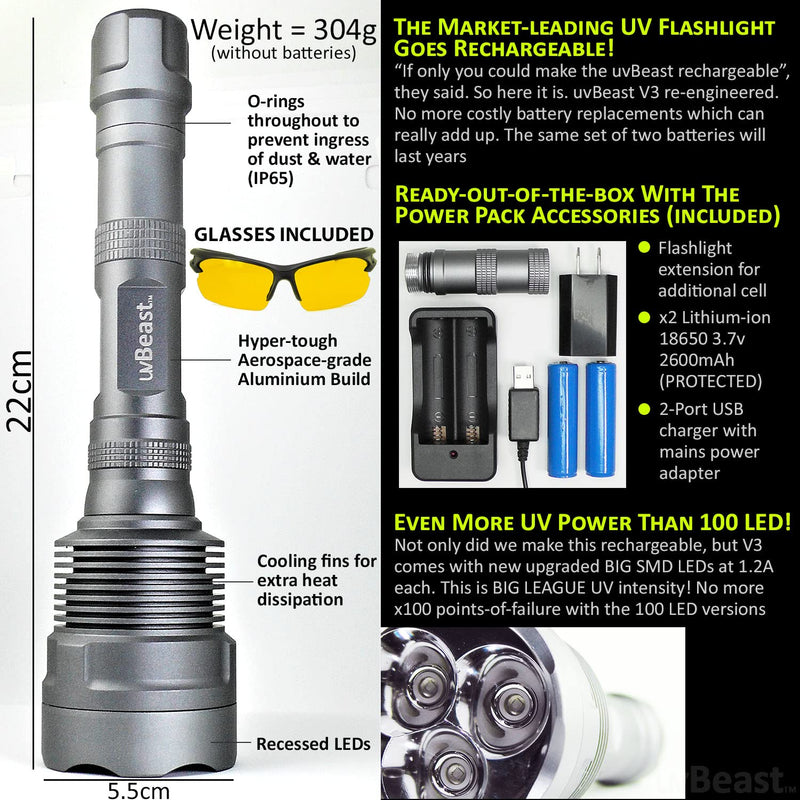 uvBeast NEW V3 385-395nm Black Light UV Flashlight - Rechargeable 18650 with Glasses - HIGH POWER UPGRADED Triple Broad Band LEDs Best for Professional/Commercial Use - USA Stock - UK Design