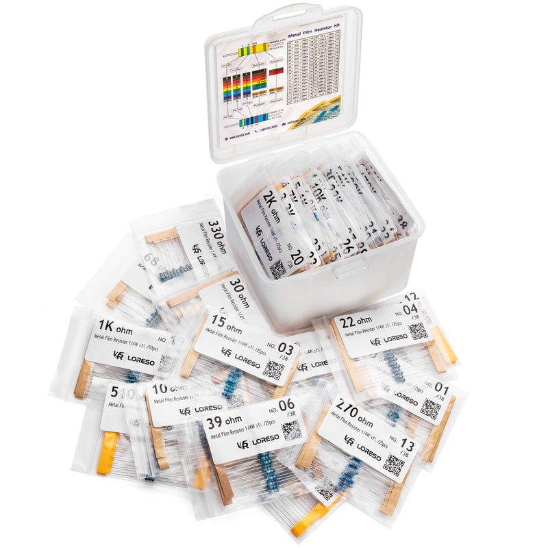 LORESO Resistor Assorment Kit Box - Case of 1200 Pieces 38 Value 1/4W 1% Metal Film Resistor Pack ROHS Compliant 0 to 1M Ohm Common Resistors for Hobby Electronics, Audio-Video Electronic DIY Project