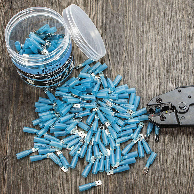 200PCS Heat Shrink Male Spade Connectors - Sopoby Electrical Spade Terminals - Heat Shrink Wire Connectors Crimp Connectors - 16-14 AWG 200 Male Spade