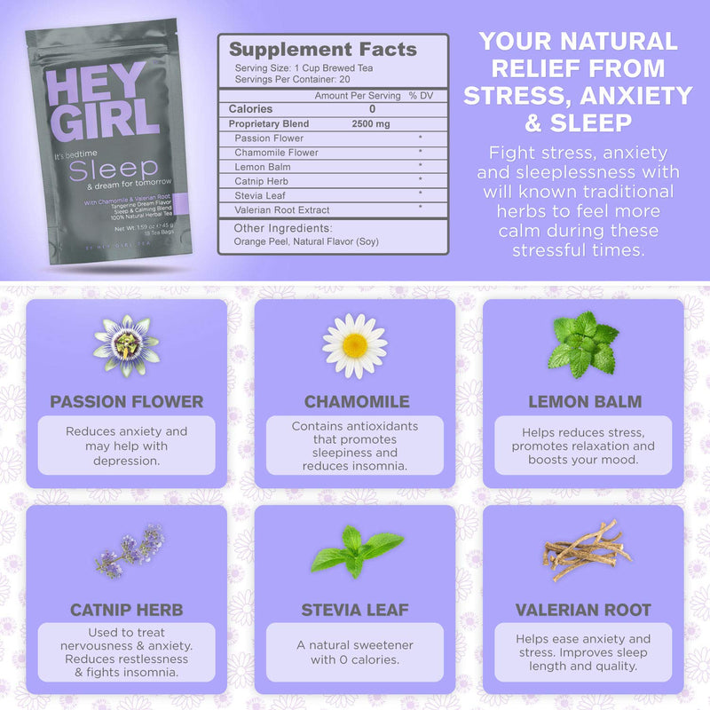 Hey Girl Herbal Sleep Tea w/ Chamomile , Valerian Root & Lemon Balm in Tea Bags - Thoughtful Gifts For Women