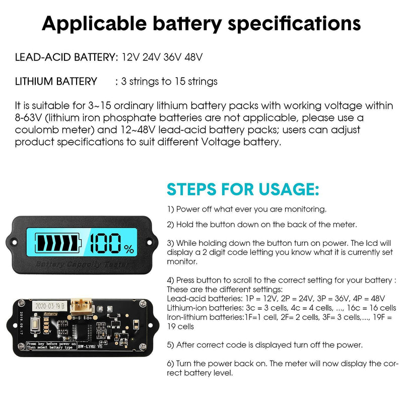 Weewooday Battery Meter Blue Back-Light Capacity Monitor DC 8-63V Digital Battery Indicator DC 12V 24V 36V 48V -Acid and Lithium-ion Battery Indicator (2)