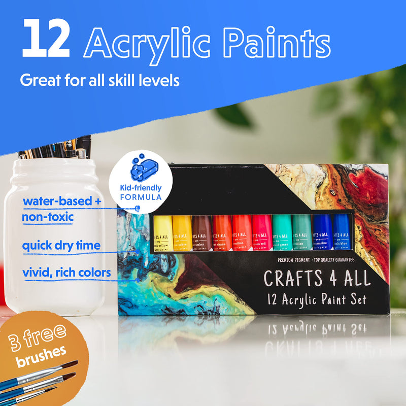 Crafts 4 All Acrylic Paint Set - 12 -Pack Painting Supplies for Canvas, Wood, Ceramic, Fabric - Non-Toxic, Acrylic Paints for Beginners and Professional Artists - Art Supplies 12 Pack