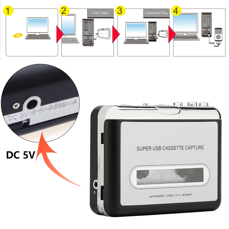 Reshow Cassette Player â€“ Portable Tape Player Captures MP3 Audio Music via USB â€“ Compatible with Laptops and Personal Computers â€“ Convert Walkman Tape Cassettes to iPod Format (Silver) Silver