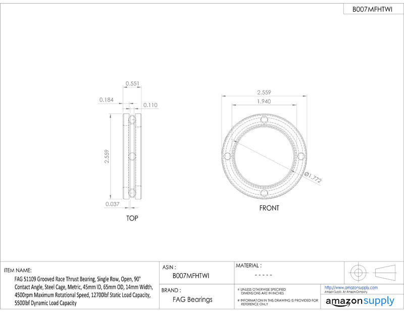 FAG 51109 Grooved Race Thrust Bearing, Single Row, Open, 90° Contact Angle, Steel Cage, Metric, 45mm ID, 65mm OD, 14mm Width, 4500rpm Maximum Rotational Speed, 12700lbf Static Load Capacity, 5500lbf Dynamic Load Capacity