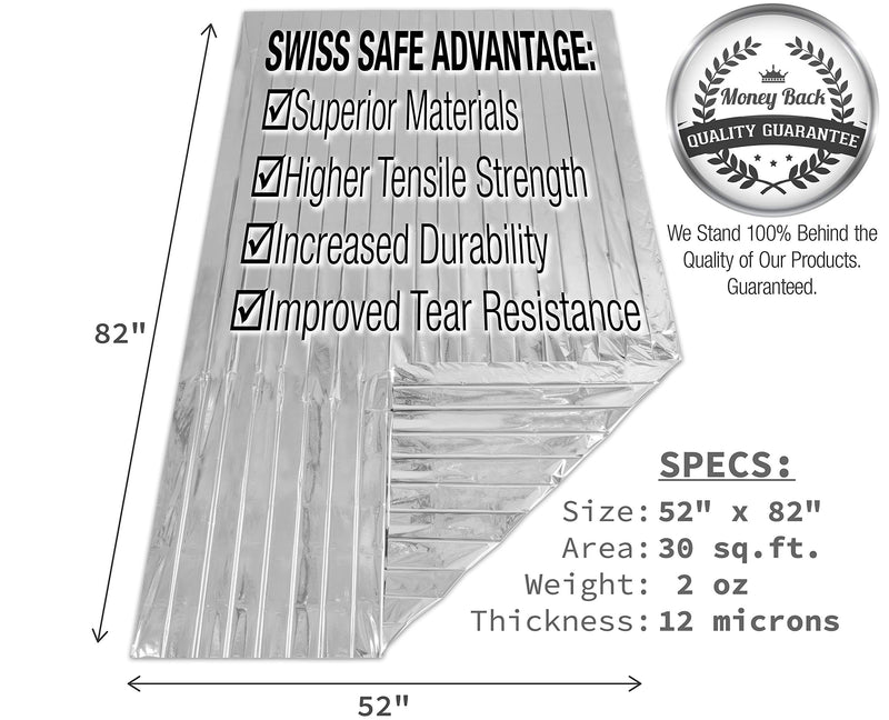 Swiss Safe Emergency Mylar Thermal Blankets + Bonus Gold Foil Space Blanket. Designed for NASA, Outdoors, Survival, First Aid, Silver, 4 Pack