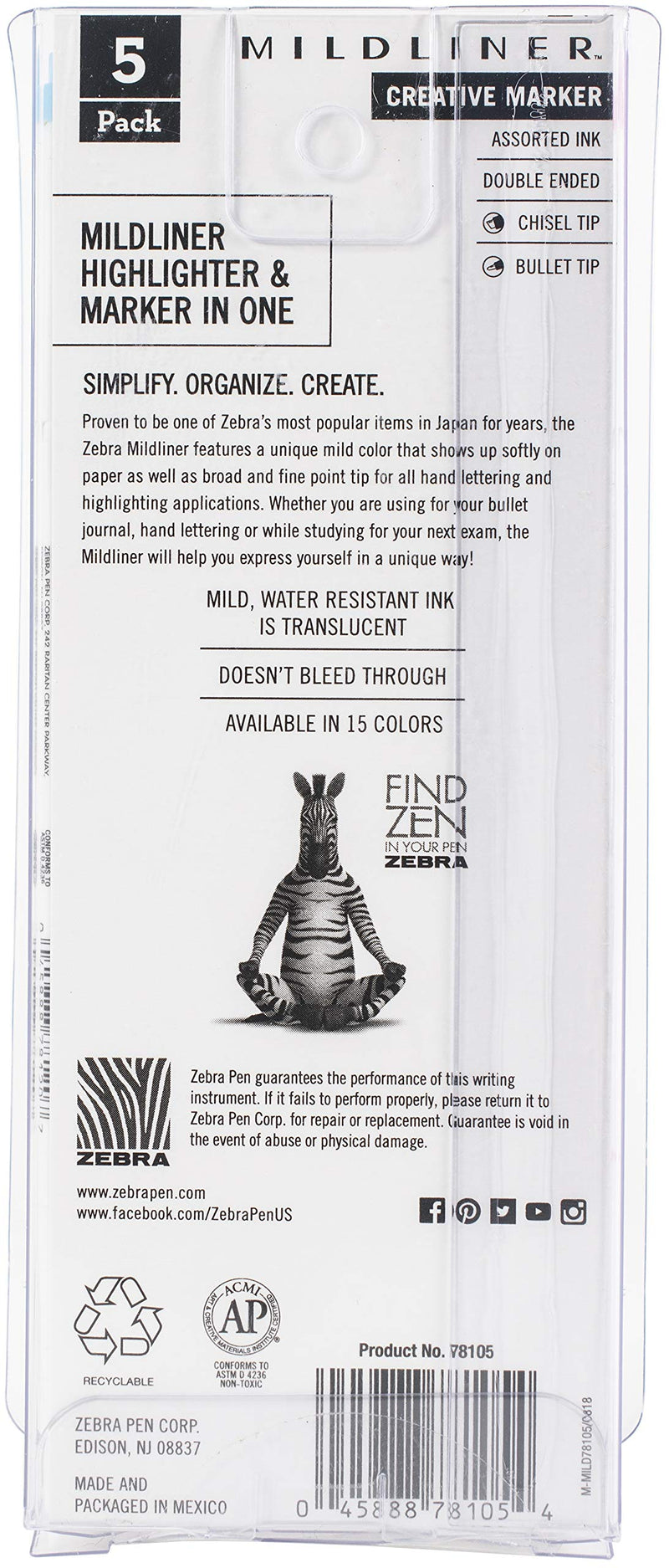 Zebra Pen Mildliner 5-Pack Fluorescent, Multicolors