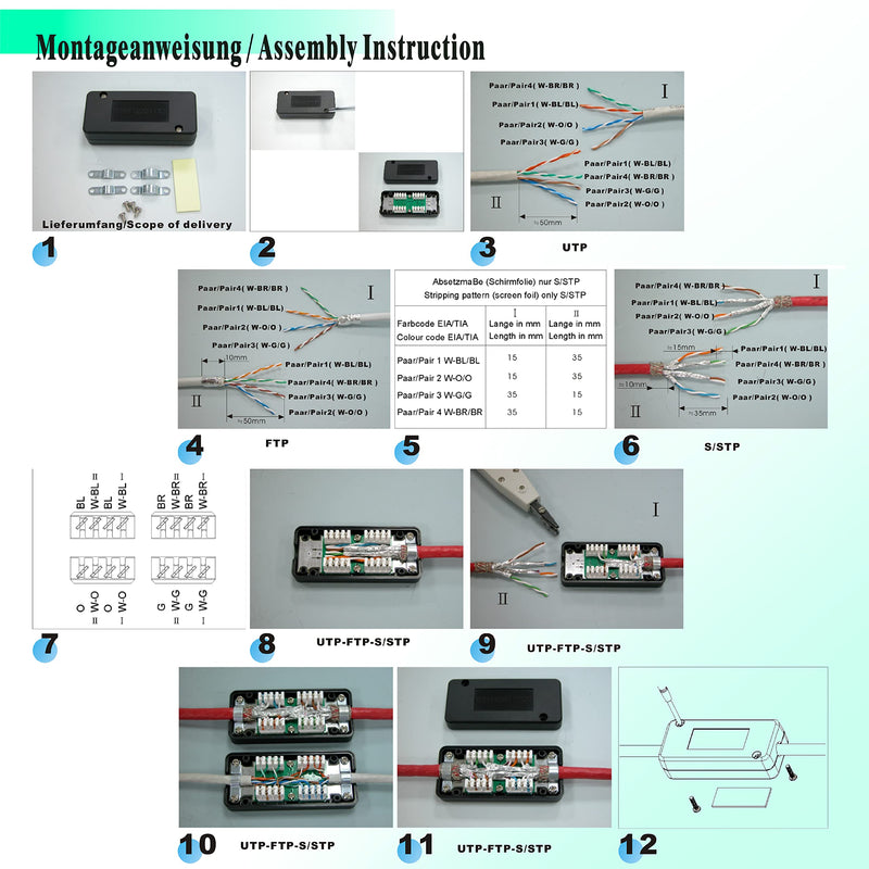 BIGtec CAT.7 LSA connector connection box for installation cable network cable connection module connector for cable CAT.5 CAT.6 CAT.7, shielded housing, connects extended installation cable