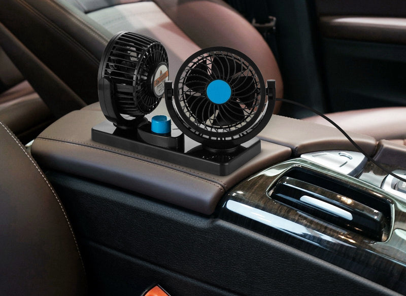 FiveJoy 360 Degree Rotatable Car Fan - 12V DC Electric 2 Speed Dual Head Fans, Quiet Strong Dashboard Cooling Air Circulator Fan for Sedan SUV RV Boat Auto Vehicles Golf or Home