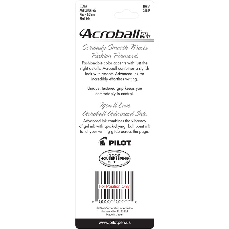 Pilot Acroball PureWhite Retractable Advanced Ink Ball Point Pens; Fine Point, Black Ink, Silver Accents 2-Pack (31895) Ultra-Smooth Writing, Smear-Resistant Advanced Ink for Skip-Free Lines