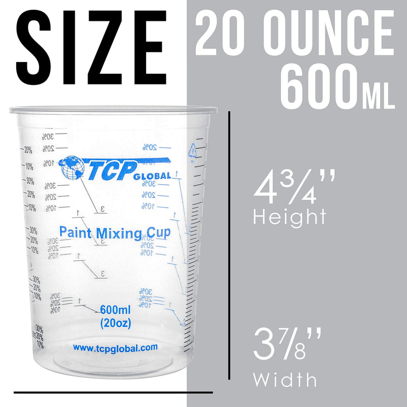 TCP Global 20 Ounce (600ml) Disposable Flexible Clear Graduated Plastic Mixing Cups - Box of 25 Cups & 25 Mixing Sticks - Use for Paint, Resin, Epoxy, Art, Kitchen - Measuring Ratios 2-1, 3-1, 4-1, ML