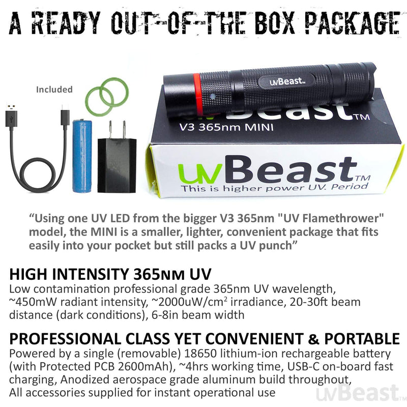 uvBeast NEW V3 365nm MINI - Black Light UV Flashlight – HIGH DEFINITION Ultraviolet - Rechargeable 18650 USB-C Quick charge Port - Professional Grade HIGH POWER UPGRADED LED – USA Stock