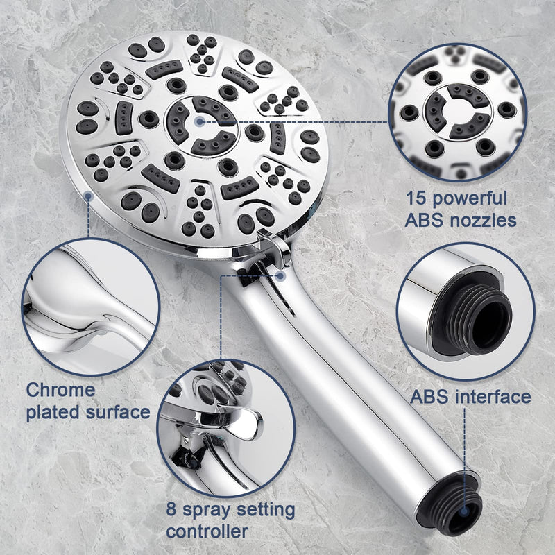 Cobbe 8 Functions Shower Head with handheld High Pressure Shower Head with 71 Inch Hose Bracket Teflon Tape Rubber Washers,Chrome