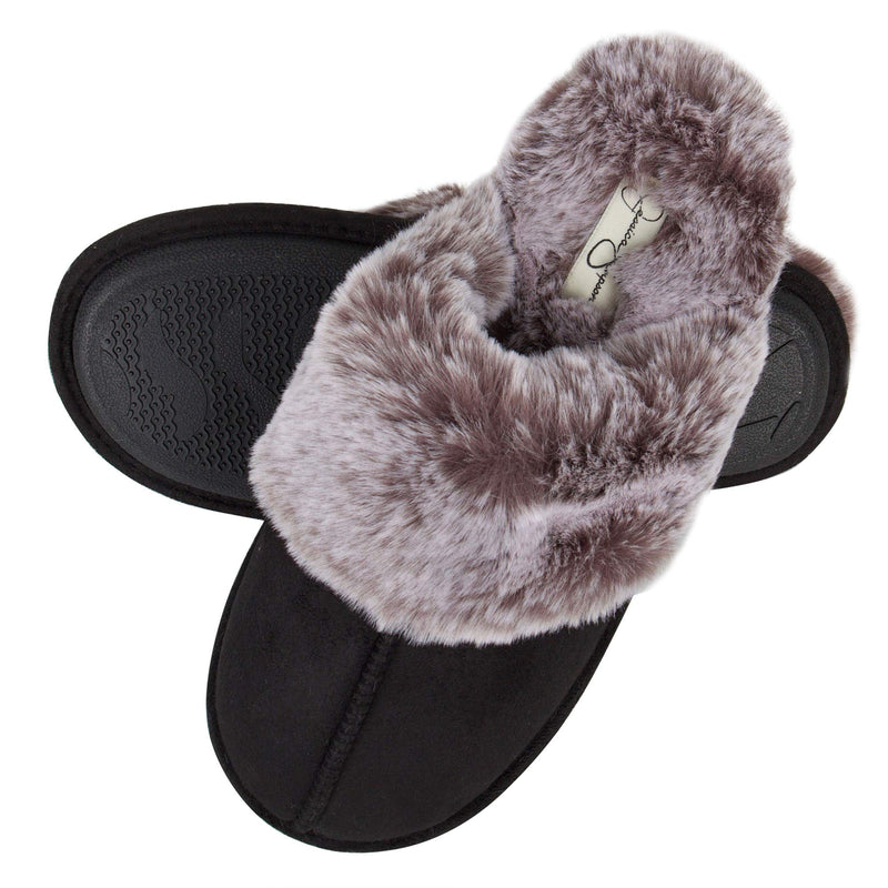 Jessica Simpson Women's Comfy Faux Fur House Slipper Scuff Memory Foam Slip on Anti-Skid Sole Small Black