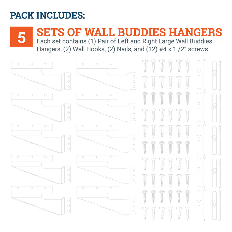 Wall Buddies Large Wall Hanger for Wood Picture Frames - Supports 60 lbs - 5 Pack - Includes Wall Hooks, Nails and Screws