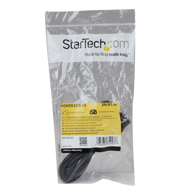 StarTech.com 3 ft 14AWG Computer Power Cord Extension - C14 to C13 PDU Style Computer Power Extension Cable 14 AWG (PXT100143) 3 ft/1 m