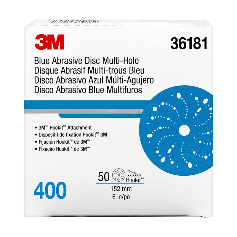 Hookit 3M Blue Abrasive Discs 36181, Multi-Hole, Primer Sanding, E-Coat Sanding, Paint Preparation, 6 in, 400 Grade, 50 Discs/Carton, One Size