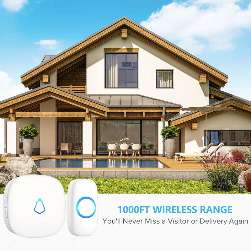 SECRUI Wireless Doorbell, Mini Door Bell with 58 Chimes 5 Volume Levels, 1 Waterproof Button 2 Plug in Receiver, White Doorbell with Led Blue light for Home/Classroom/Office 1 Push Button 2 Receivers