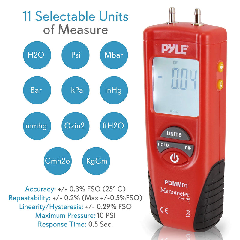 Manometer 11 Unit of Pressure - Meters Digital Measurement Maximum 10 PSI Data Hold & Error Code Measure Gauge Differential Gas Tester - Large LCD Backlit Dual Display w/Auto Power Off - PYLE PDMM01