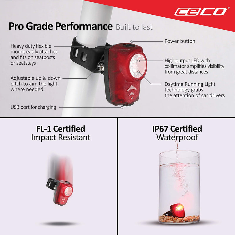 CECO-USA: 100 Lumen USB Rechargeable Bike Tail Light - Super Bright Model T100 Bicycle Rear Light - IP67 Waterproof, FL-1 Impact Resistant - Red Safety Light - Pro Grade Quality Bike Tail Light