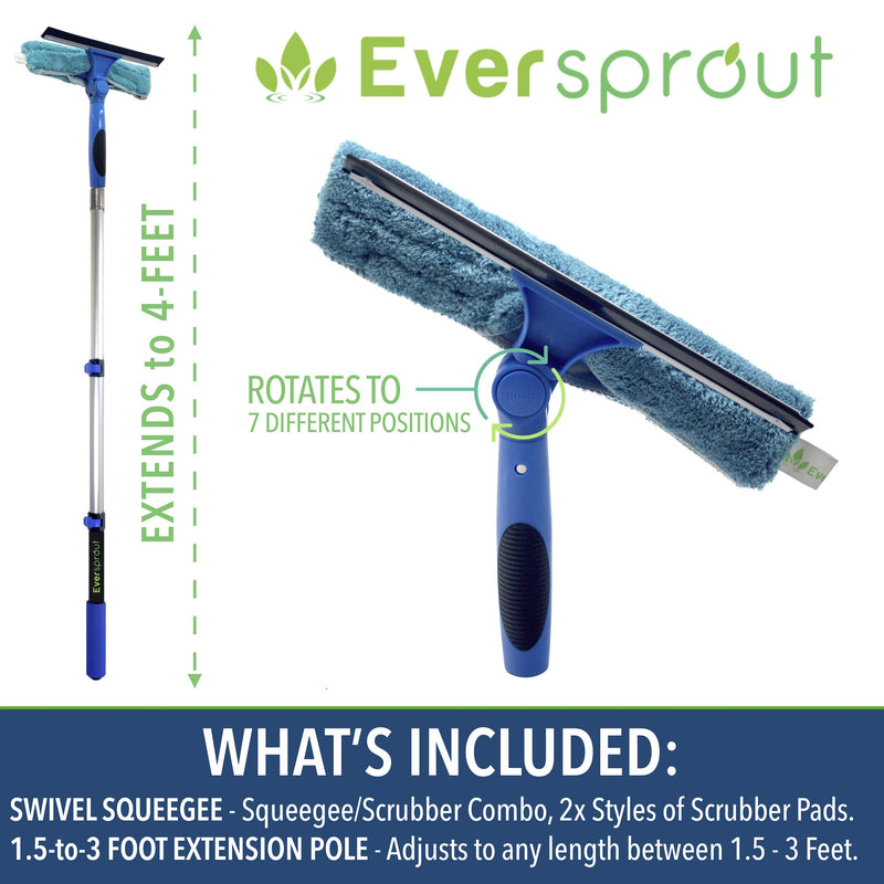 EVERSPROUT 1.5-to-4 Foot Swivel Squeegee and Microfiber Window Scrubber (8-10 Ft Standing Reach) | 2-in-1 Window & Glass Cleaning Combo | Lightweight, Aluminum Extension Pole | Includes 10-inch Blades