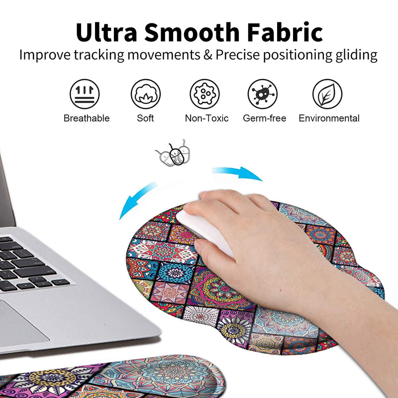 Ergonomic Keyboard Wrist Rest and Mouse Pad Wrist Rest Support Set, Non Slip Rubber Base Wrist Support Mousepad with Memory Foam for Laptop/Gaming +Coffee Coaster,Mandala Mandala