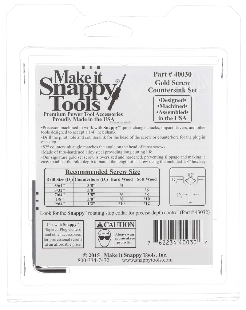 Snappy Tools Quick-Change 5-Pc. Countersink Drill Bit Set. Proudly Made in the USA. 5 Piece Countersink Set