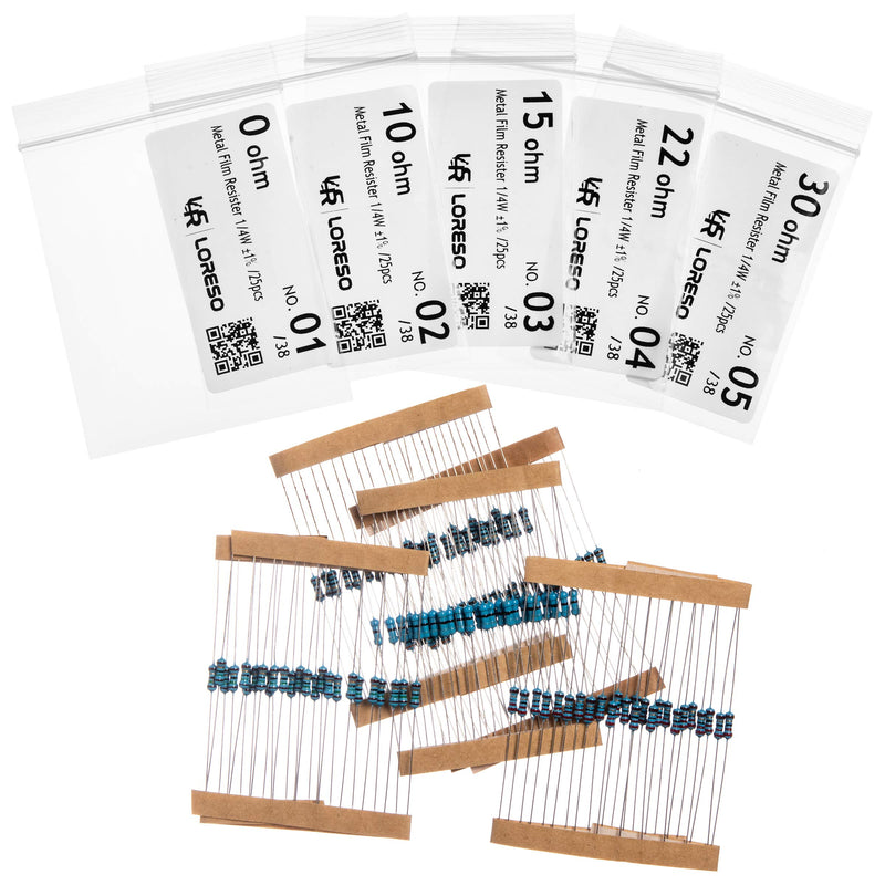LORESO Resistor Assorment Kit Box - Case of 1200 Pieces 38 Value 1/4W 1% Metal Film Resistor Pack ROHS Compliant 0 to 1M Ohm Common Resistors for Hobby Electronics, Audio-Video Electronic DIY Project