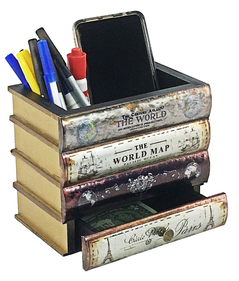 Bellaa 21420 Pen Pencil Holder Cell Phone Stand Desk Office Organizer Container Cup Pot Multi Purpose Caddy Vintage Old World Black Blue Silver