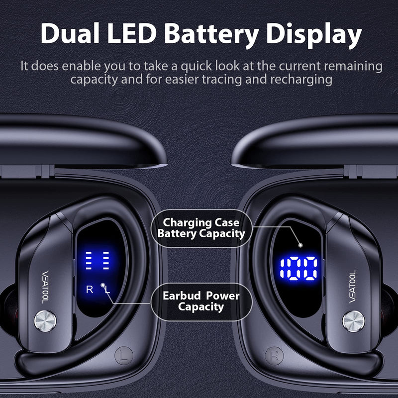Wireless Earbuds Bluetooth Headphones 48hrs Play Back Sport Earphones with LED Display Over-Ear Buds with Earhooks Built-in Mic Headset for Workout Black BMANI-VEAT00L