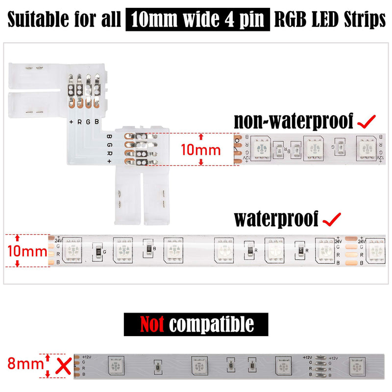 L Shape 4-Pin LED Connectors 10-Pack JACKYLED 10mm Wide Right Angle Corner Solderless Adapter Connector Terminal Extension with 22Pcs Clip Connectors for 3528/5050 SMD RGB 4 Conductor LED Light Strips