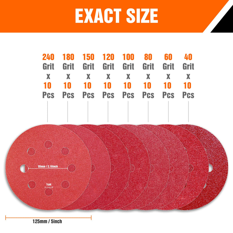 Sandpaper 125 mm Velcro 10 x 40/60/80/100/120/150/180/240 grit 8 hole sanding discs set for eccentric sanders (80 pieces) mixed grit