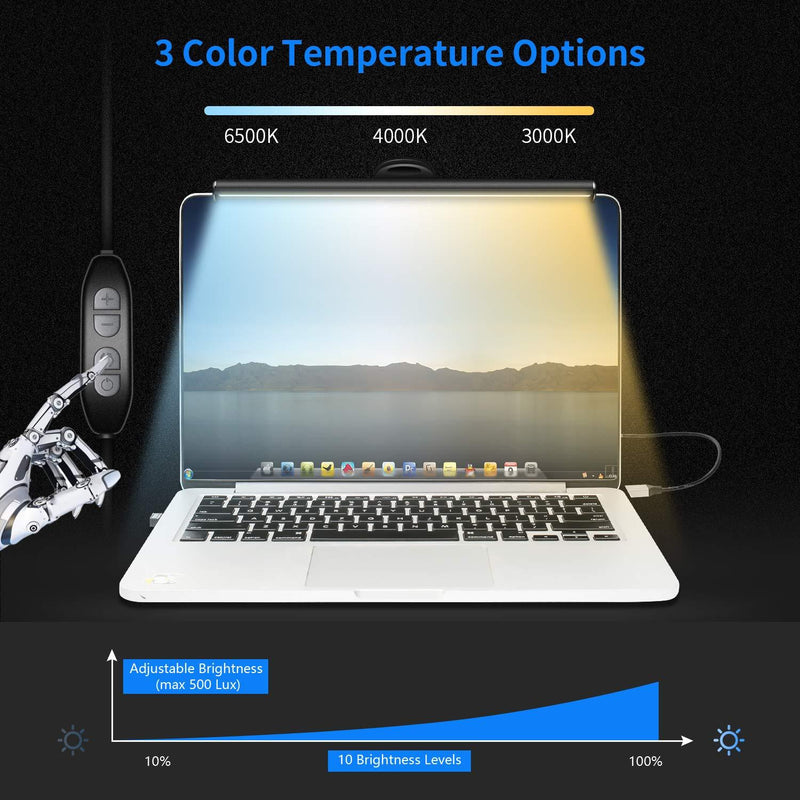 HIOUME Laptop Monitor Light Bar, USB e-Reading LED Task Lamp, 3 Adjustable Color Temperature, 10 Dimming Brightness Levels, No Screen Glare, Space Saving, Eye Health Care, Portable for Travel