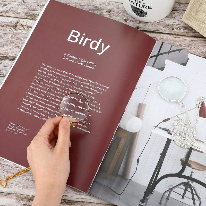 2 Pieces 5X Necklace Magnifier, Magnifying Pendant Necklace with 1.6 inch Diameter Glass Lens and 26 Inch Long Chain for Library, Reading, Zooming, Jewelry, Crafts Needlework (Gold, Silver) Gold, Silver