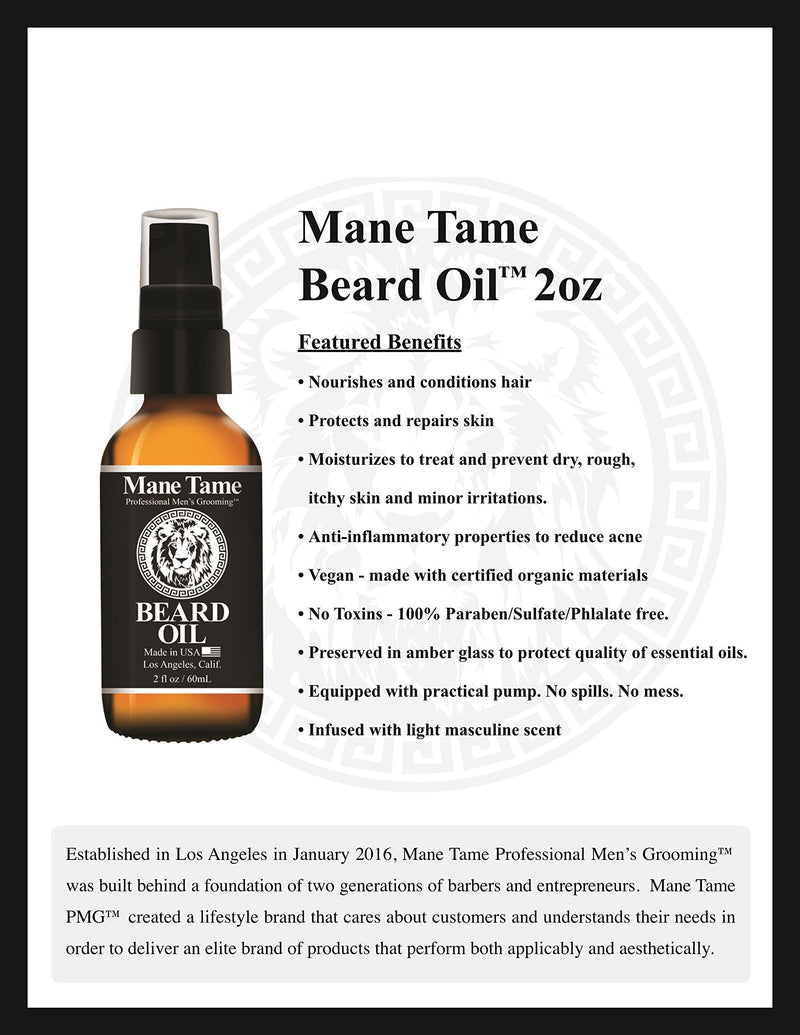 Mane Tame Beard Oil - Freshly Showered Scent Women Love - No Fuss Pump 2oz Bottle - Organic Oils Softens Your Beard and Stops Itching - Great Beard Oil and Conditioner For Men