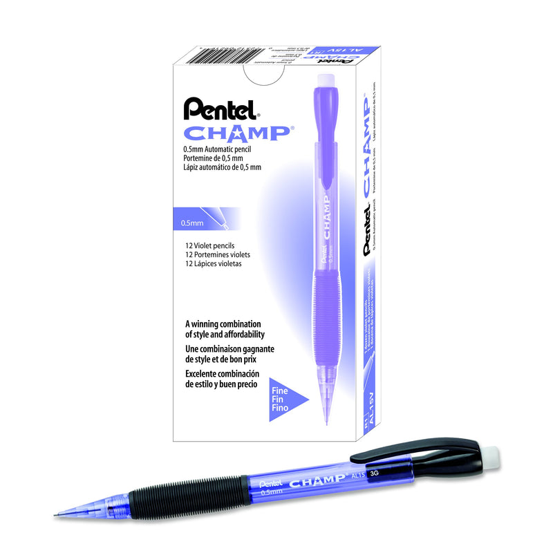 Pentel Champ Mechanical Pencil, 0.5mm, Tinted Violet Barrel, Box of 12 (AL15V)