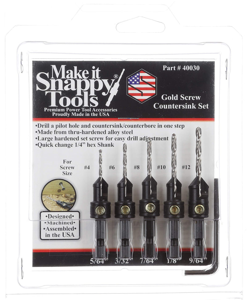 Snappy Tools Quick-Change 5-Pc. Countersink Drill Bit Set. Proudly Made in the USA. 5 Piece Countersink Set