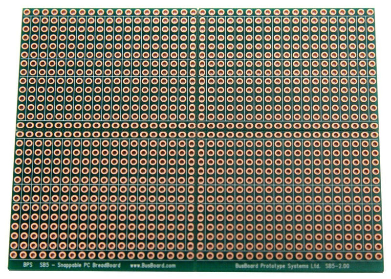 SB5x2 Snappable PCB BreadBoard with 5-Hole Strips 2-Pack, Scored PCB, Snaps Into 4 Small Boards, 2-Layer, Plated Holes, Power Rails, 2.8 x 3.8in (73.7 x 96.5mm)