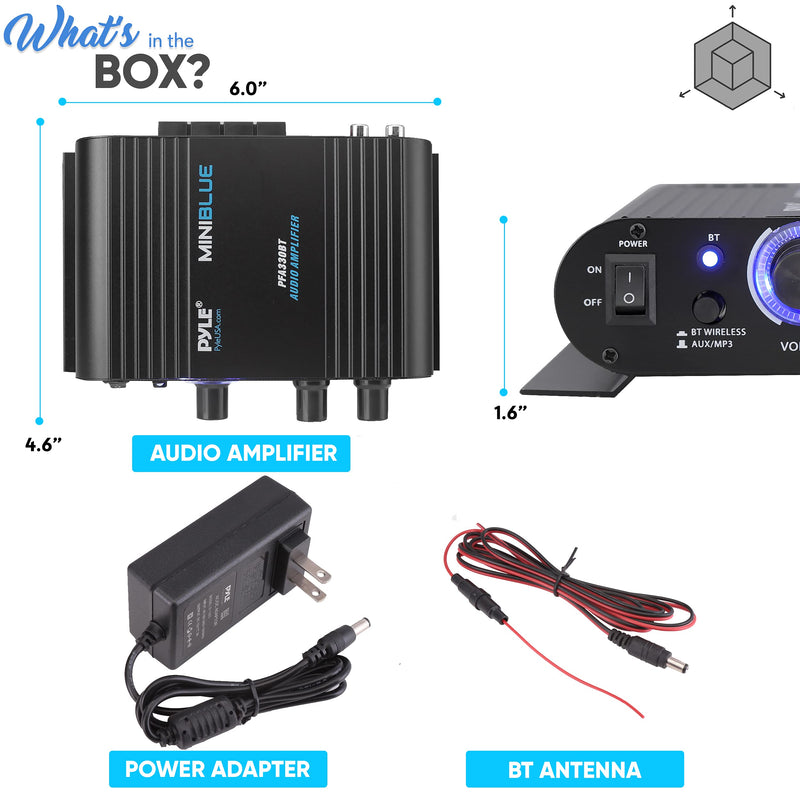 Wireless Bluetooth Home Audio Amplifier - 90W Dual Channel Mini Portable Power Stereo Sound Receiver w/ Speaker Selector, RCA, AUX, LED, 12V Adapter - For iPad, iPhone, PA, Studio Use - Pyle PFA330BT