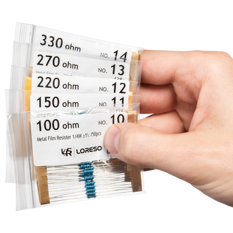 LORESO Resistor Assorment Kit Box - Case of 1200 Pieces 38 Value 1/4W 1% Metal Film Resistor Pack ROHS Compliant 0 to 1M Ohm Common Resistors for Hobby Electronics, Audio-Video Electronic DIY Project