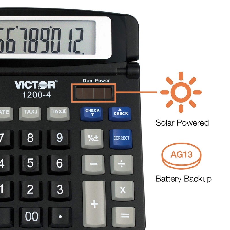 Victor 1200-4 12-Digit Large Professional Desktop Calculator, Battery and Solar Hybrid Powered Tilt LCD Display, Great for Home and Office Use, Black 1-Pack