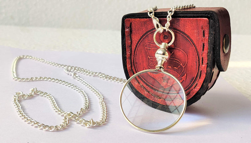 Castle Instruments Silver Coated Magnifying Glass, Optical Magnifier Lens with A Beautiful Necklace Chain Monocle for Library Reading Fine Print Zooming Increase Vision Jewelry ()