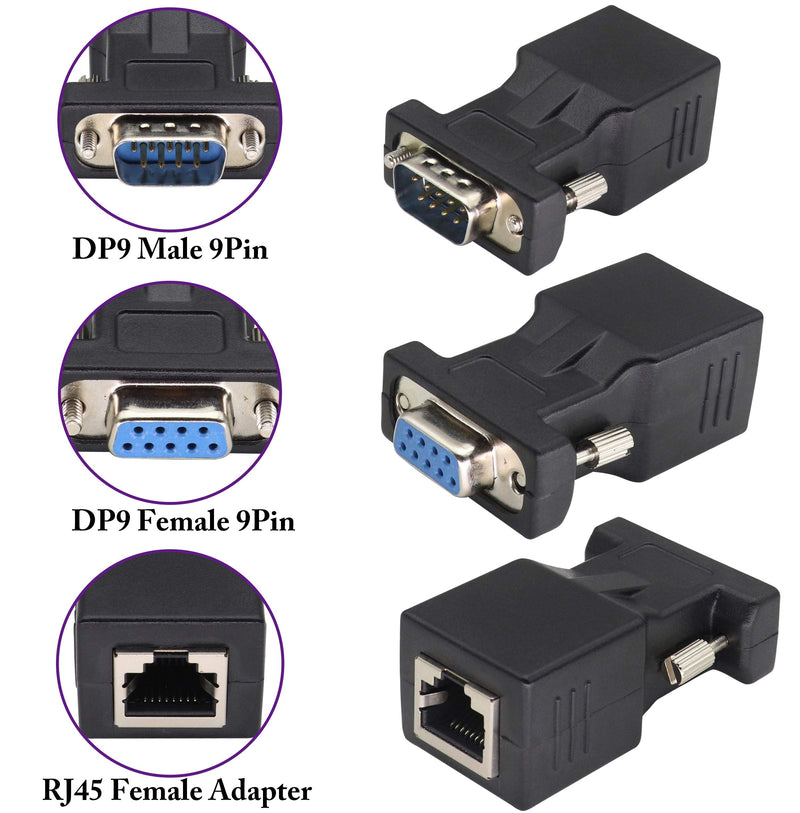 AAOTOKK DB9 to RJ45 Extender DB9 9Pin Serial Port Female&Male to RJ45 CAT5/6 Ethernet LAN Network Adapter for Multimedia Video & Extend Transmission Distance Adapter of DB9 Devices(2 Pack-Male&Female) Male&Female