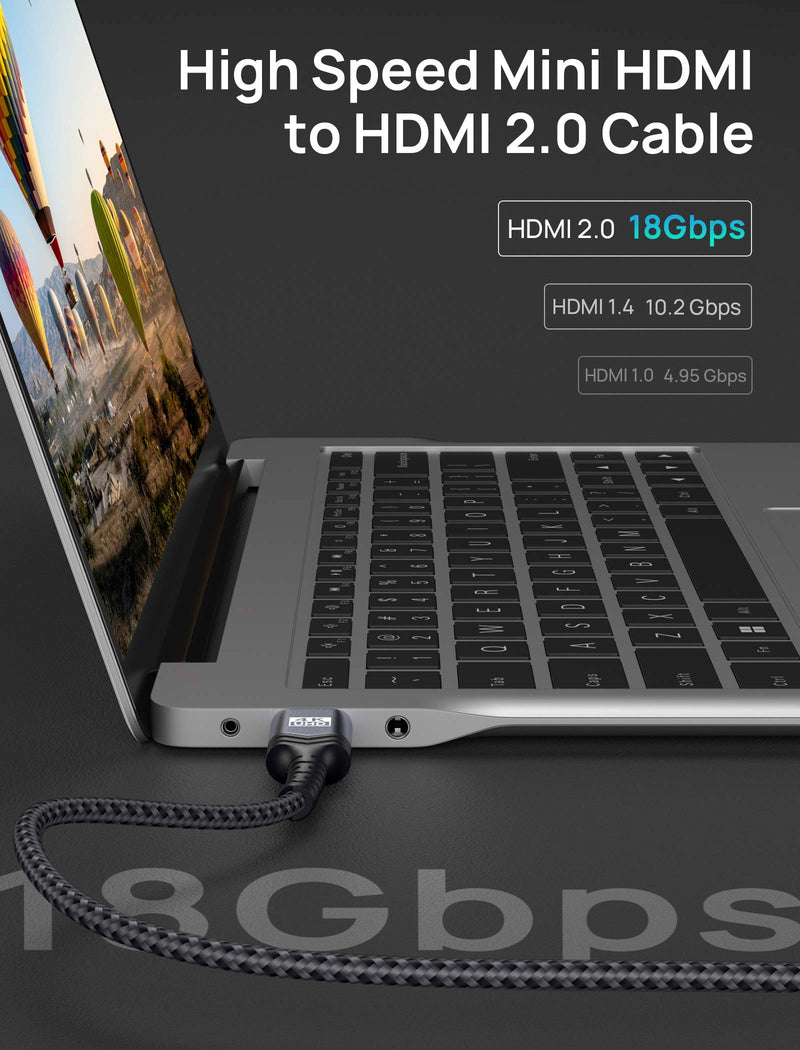 Mini HDMI to HDMI Cable 6FT, JSAUX [Aluminum Shell, Braided] High Speed 4K 60Hz HDMI 2.0 Cord, Compatible with Camera, Camcorder, Tablet and Graphics/Video Card, Laptop, Raspberry Pi Zero W -Grey Grey