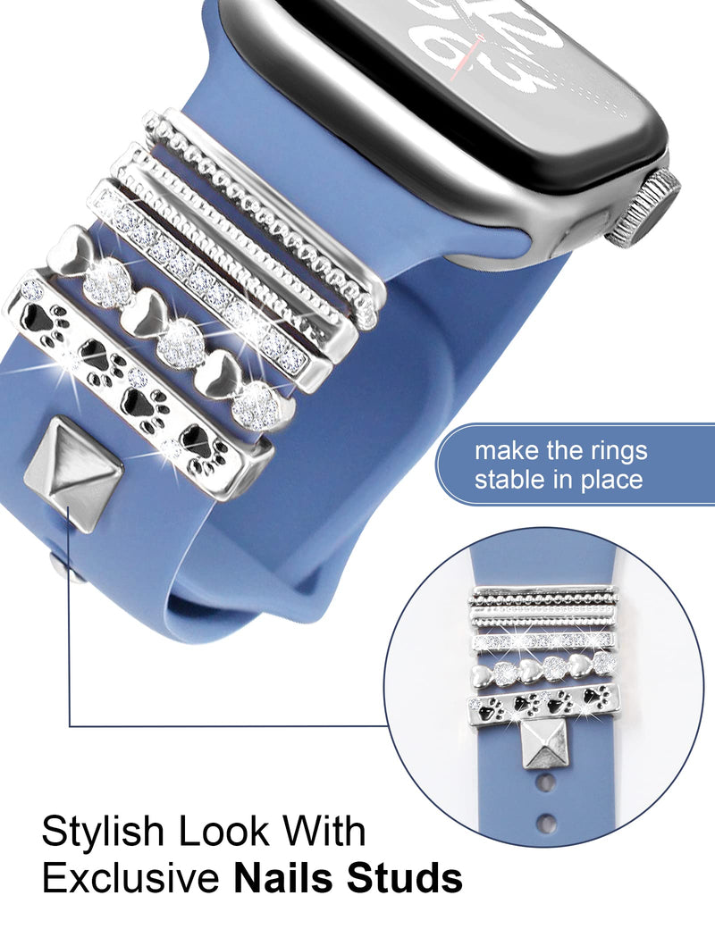 JR.DM 13 Piece Silver Apple Watch Charms With 10-Pcs Decorative Rings Loops & 3-Pcs Classic Clasp, Compatible With Smart Watch 38mm 40mm 41mm 42mm 44mm 45mm Metal Diamond Sliding Strap Accessories for iWatch Series 8 7 6 5 4 3 2 1 (No Watch Band)