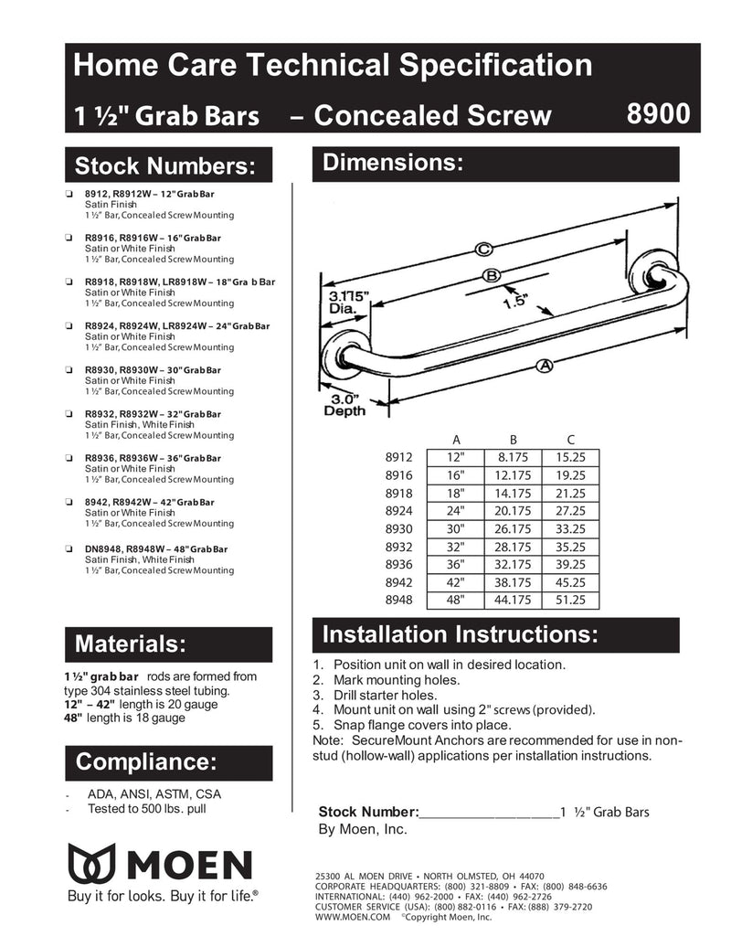 Moen 8912 Home 12-Inch Bathroom Grab Bar, Stainless Steel 12 Inch