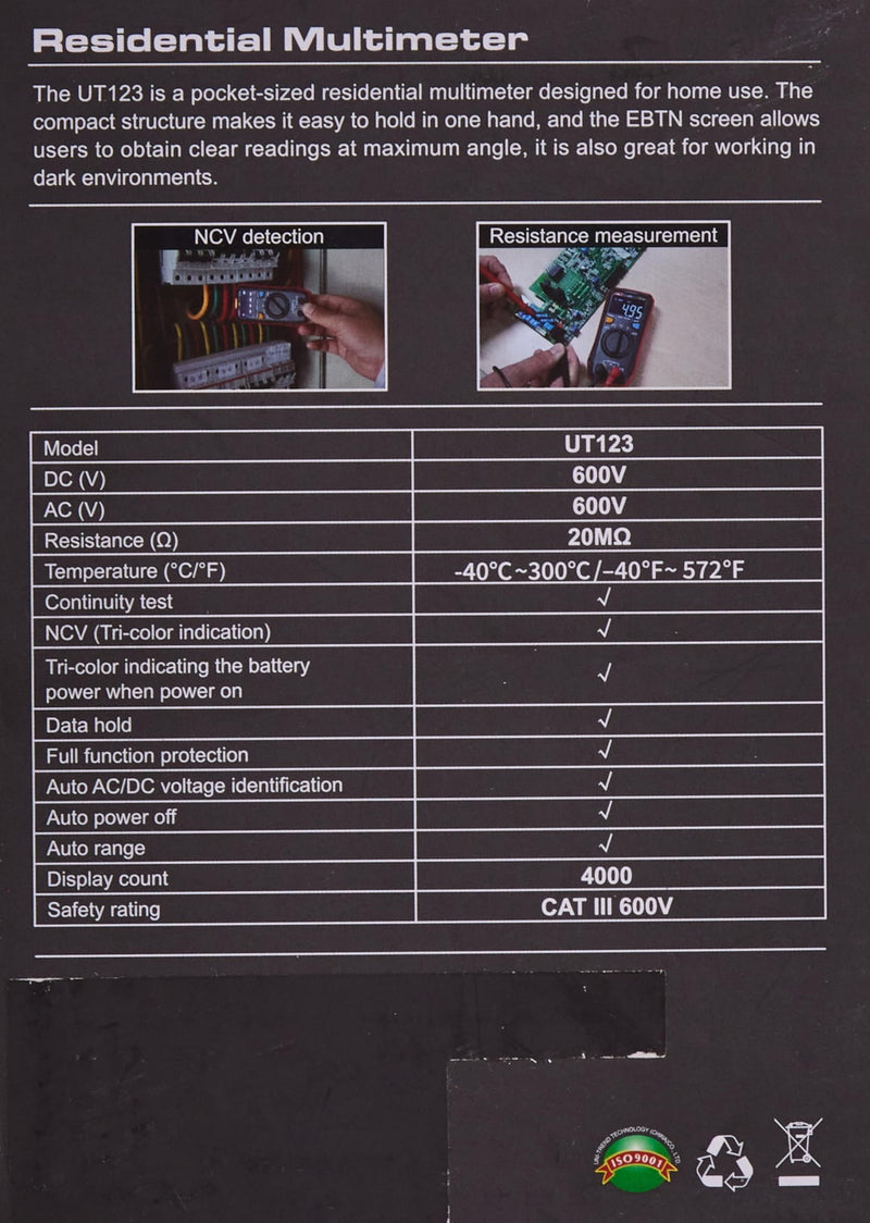 UNI-T UT123T Pocket Meter, 600V AC/DC, -40°C-300°C/-40°F-572°F