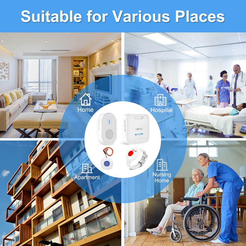 CallToU Wireless Caregiver Pager System Caregiver Call Button Nurse Alert System for Elderly,Medical Alert System for Seniors Disabled Patient,2 SOS Transmitters(1 Medical Alert Watches) + 2 Receivers