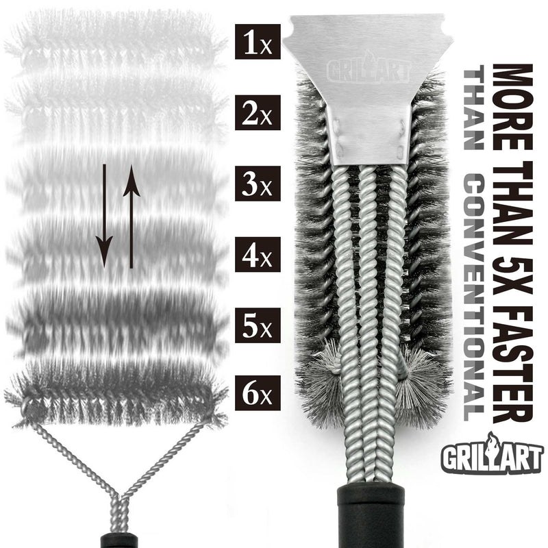 Grill Brush and Scraper - Extra Strong BBQ Cleaner Accessories - Safe Wire Bristles 18" Stainless Steel Barbecue Triple Scrubber Cleaning Brush for Gas/Charcoal Grilling Grates, Wizard Tool