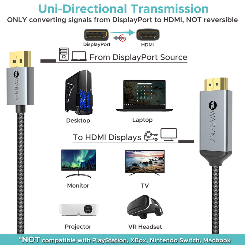 4K DisplayPort to HDMI Cable, WARRKY 15ft [Gold-Plated Plug, Aluminum Shell] UHD High Speed DP to HDMI Cord for Lenovo, HP, Dell, GPU, NVIDIA, More